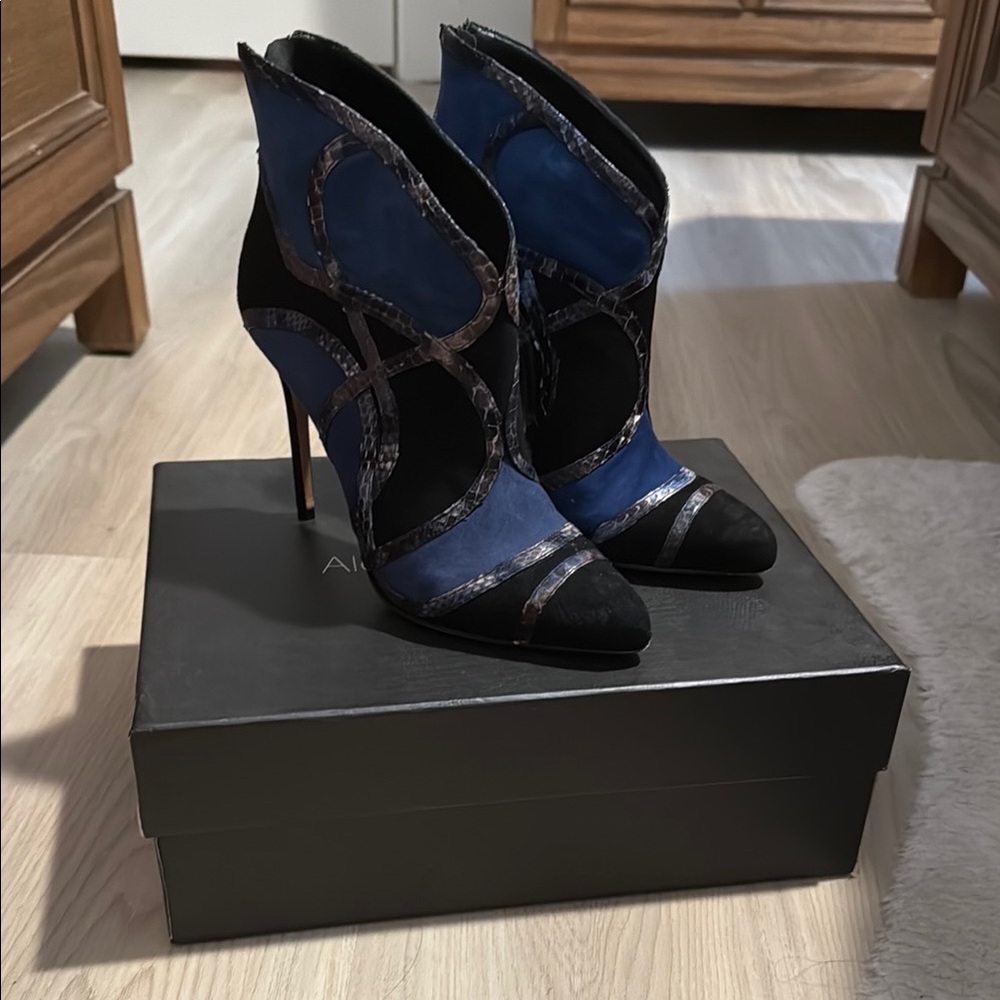 Alexander Birman Blue and Black Stiletto Ankle Boots